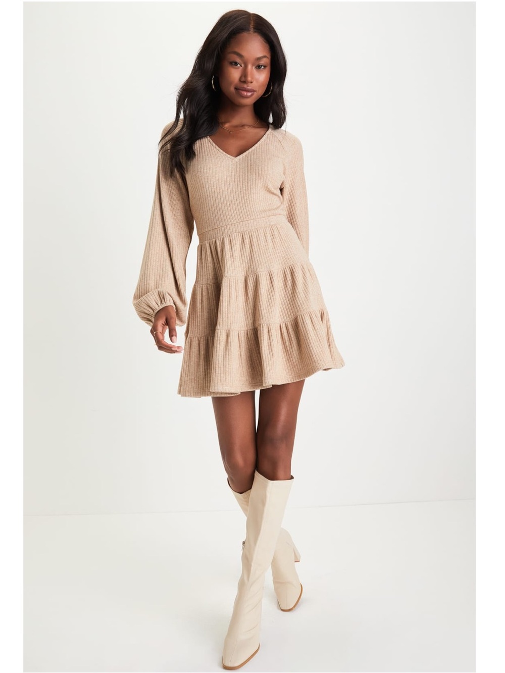 Lulus Adorable Option Heather Beige Long Sleeve  V-Neck Mini Sweater Dress Event